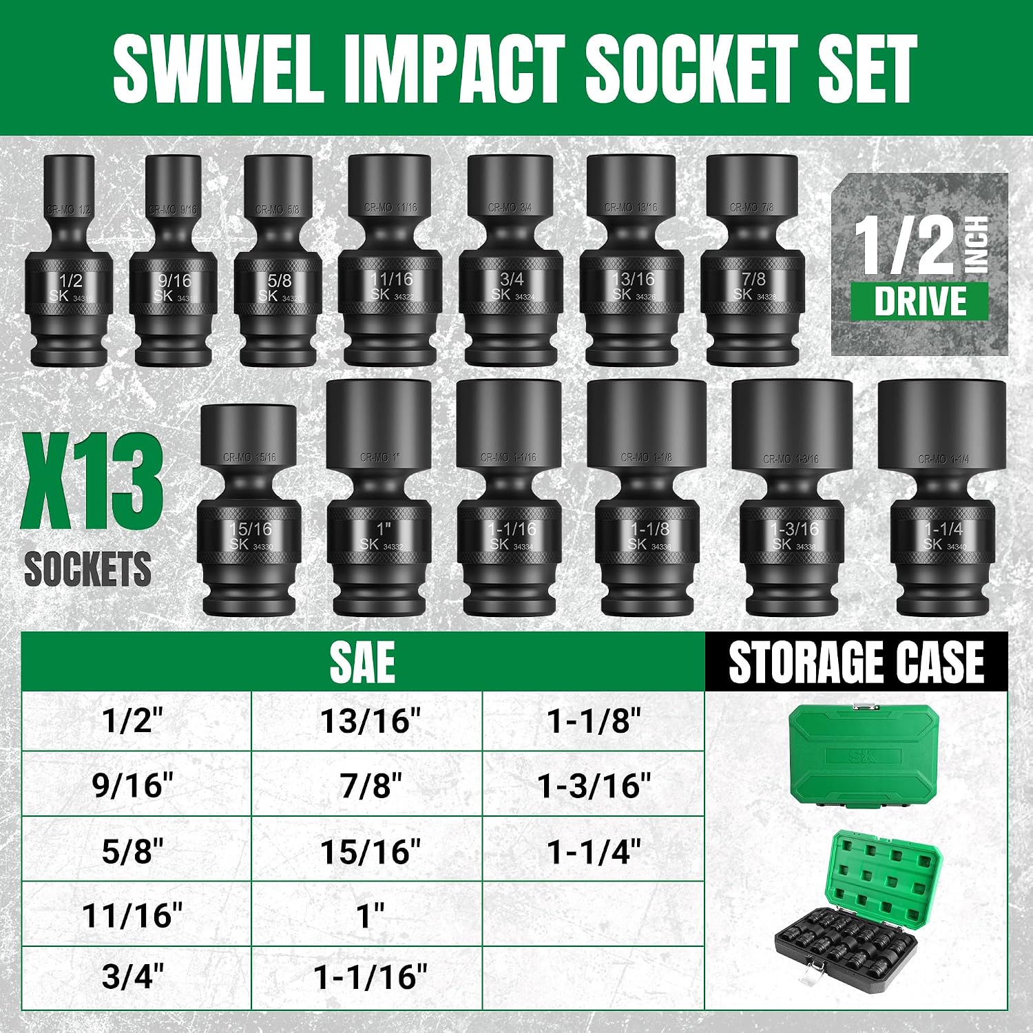 SK 1/2' Drive Universal Swivel Impact Socket Set, SAE Socket Set, 13-Piece, Premium CR-MO Steel, SureGrip 6 Point Design, with Storage Case