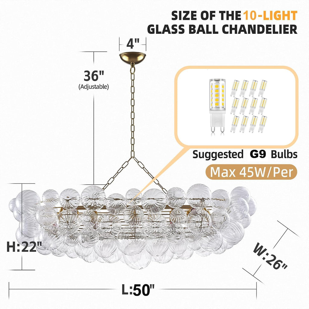 Luxury Bubble Glass Chandeliers Clear Ribbed Swirled Blown Glass Ball 50' L Rectangular Island Light Fixture Hanging Pendant Light Fixtures for Living Room Restaurant Dining Table