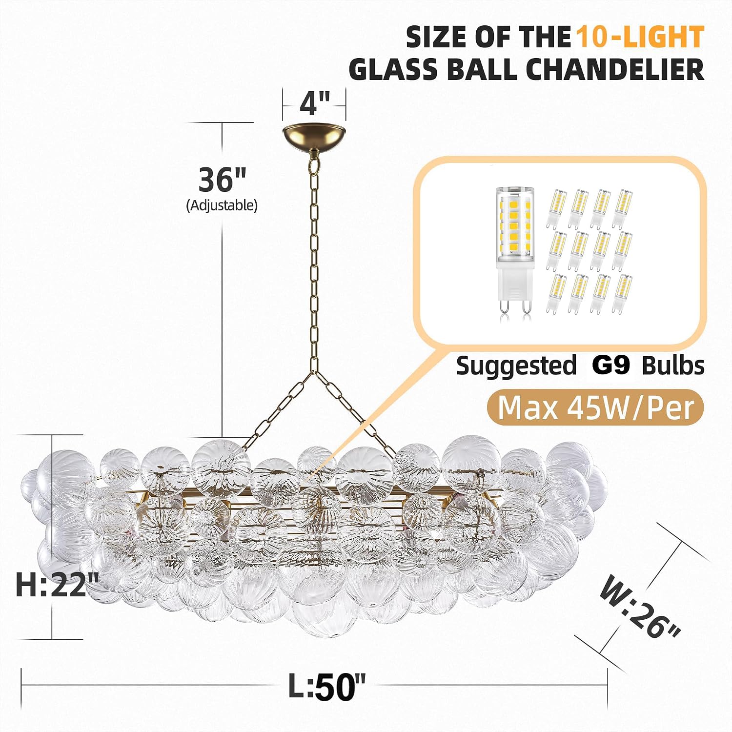 Luxury Bubble Glass Chandeliers Clear Ribbed Swirled Blown Glass Ball 50' L Rectangular Island Light Fixture Hanging Pendant Light Fixtures for Living Room Restaurant Dining Table