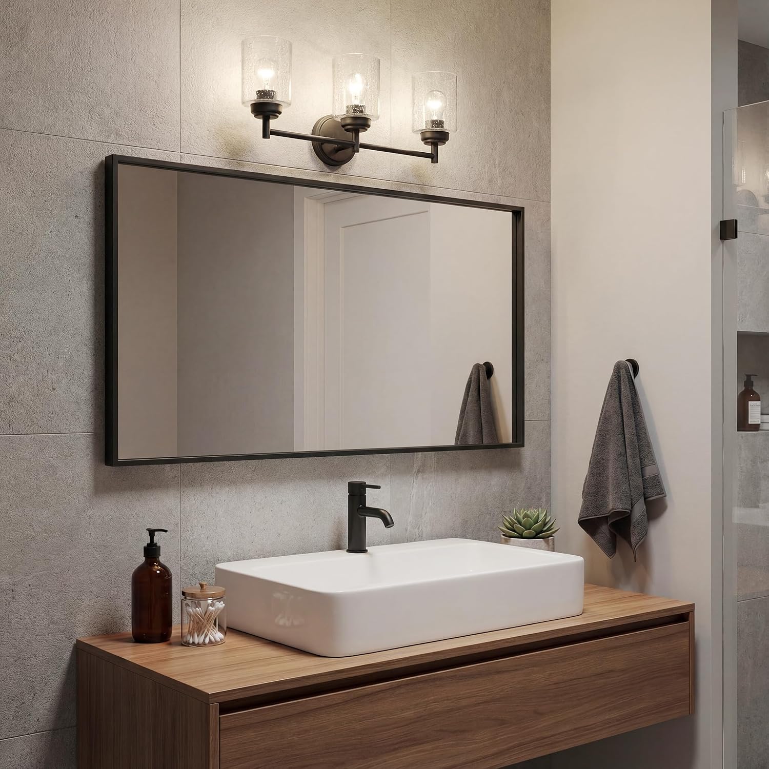 Kichler Winslow 21.5' 3-Light Bathroom Vanity Light Fixture with Clear Seeded Glass in Black, Modern Wall Mount Lighting for Mirror over Vanity in Bathroom, 45886BK