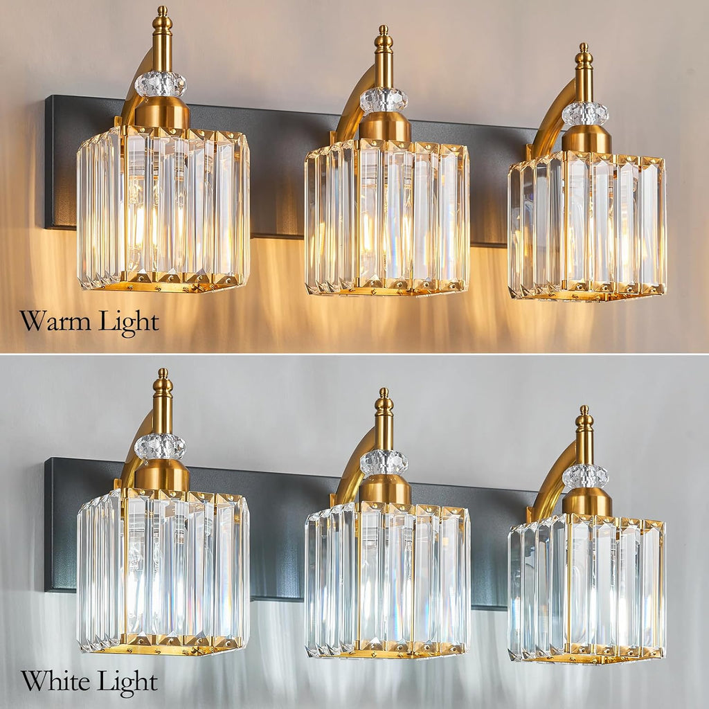 Modern Bathroom Vanity Light 3-Light Black and Gold Crystal Light Fixtures Over Mirror for Bathroom Wall Sconce