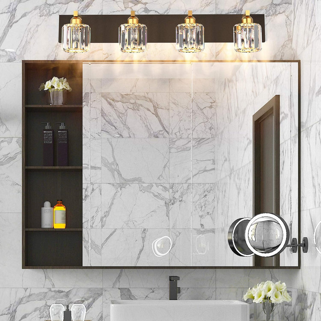 Aipsun Crystal Bathroom Vanity Lighting Black Vanity Light Fixtures Modern Vanity Light for Bathroom 4 Lights(Exclude Bulb)
