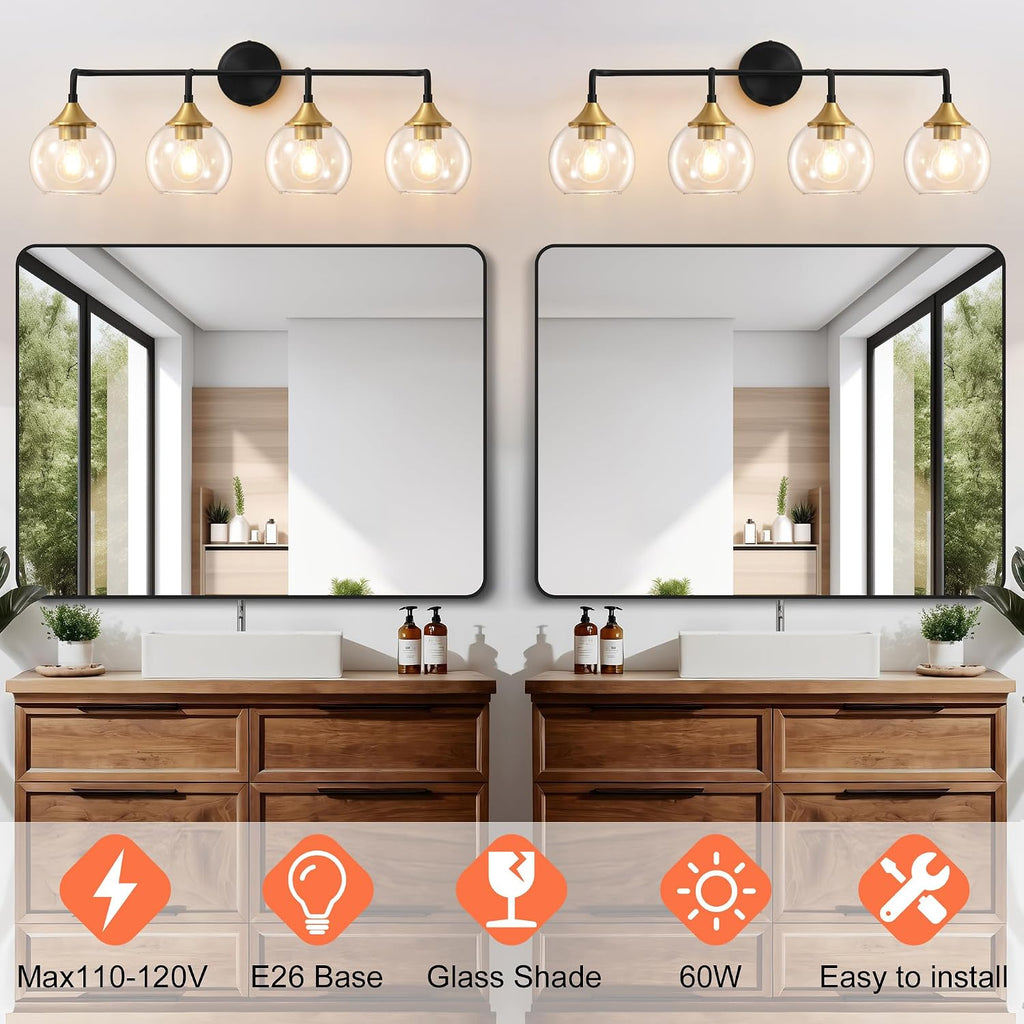 Bathroom Vanity Light with Clear Glass Shade, E26 Base, 31 Inch Vanity Lighting Fixtures Over Mirror, Vanity Lights for Bathroom (Exclude E26 Bulb) - Black and Gold, 4-Lights