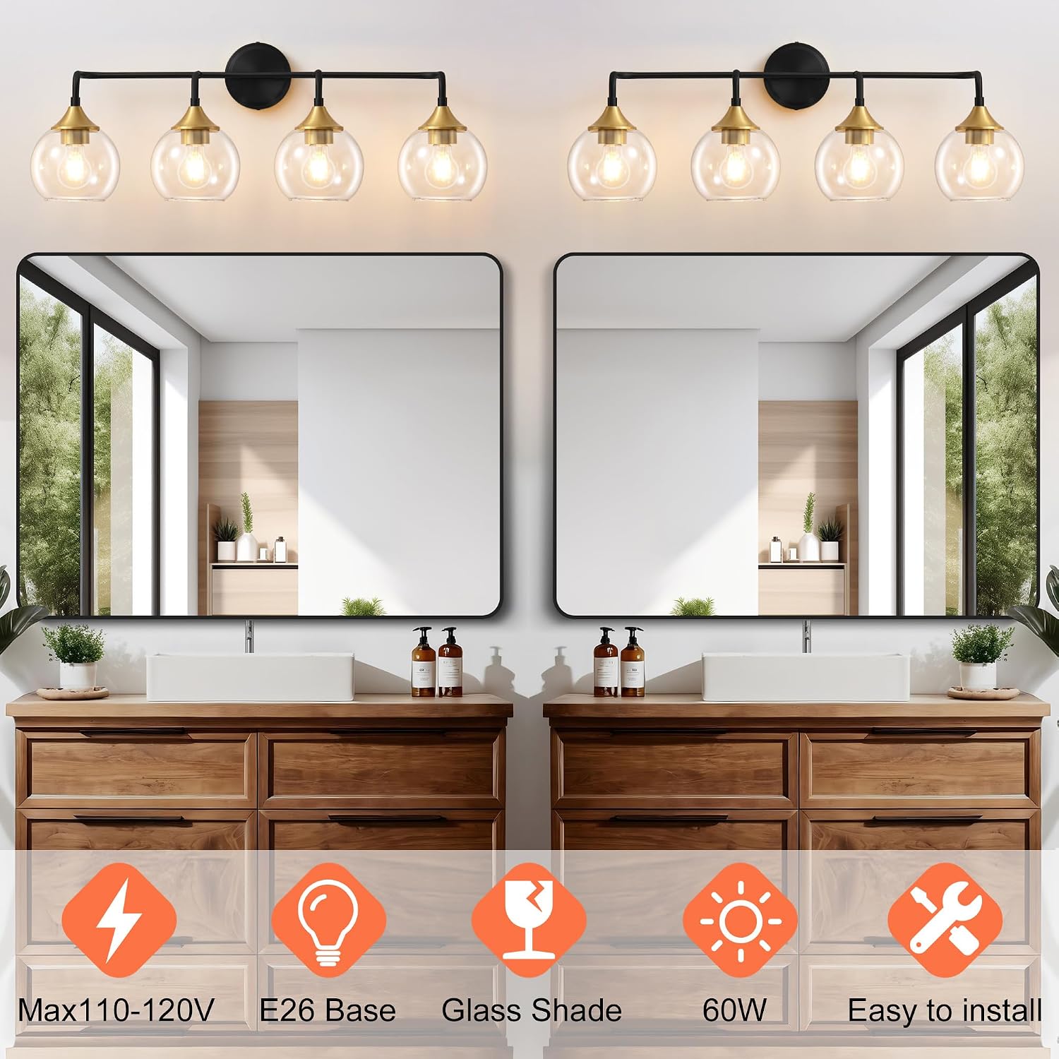 Bathroom Vanity Light with Clear Glass Shade, E26 Base, 31 Inch Vanity Lighting Fixtures Over Mirror, Vanity Lights for Bathroom (Exclude E26 Bulb) - Black and Gold, 4-Lights