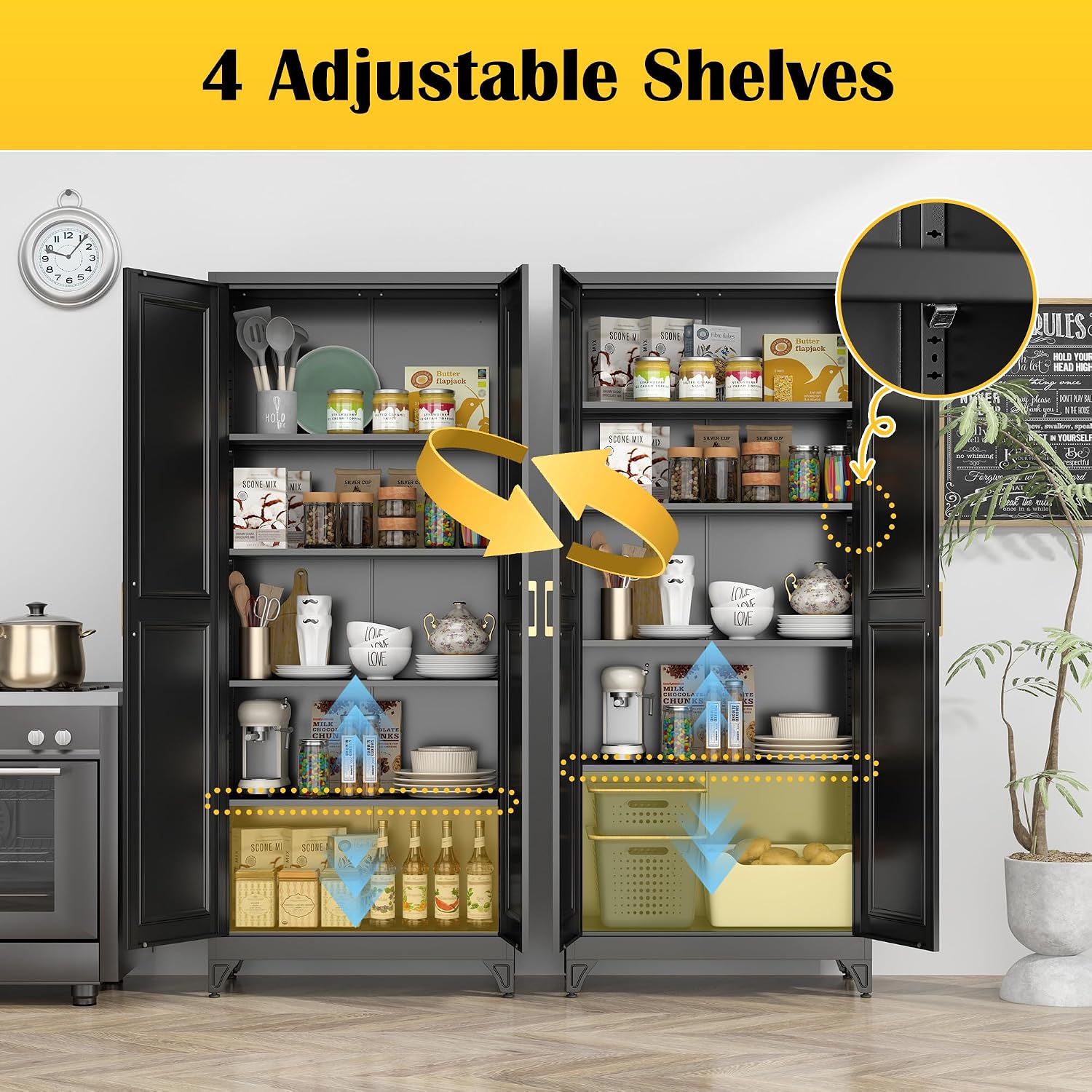 SteeLoong Kitchen Pantry Cabinet,75'Black Metal Storage Cabinets with Doors and 4 Adjustable Shelves,Kitchen Cabinet with 2 Gold Handles,Tall Cabinet for Livingroom, Bathroom