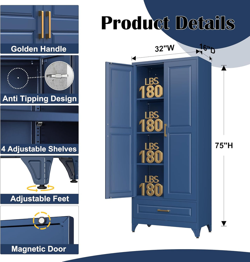 SteeLoong 75' Kitchen Pantry Cabinet with Drawer, Metal Storage Cabinets with Doors and 4 Adjustable Shelves,Blue Kitchen Cabinet with 2 Gold Handles,Food Cupboard for Livingroom,Pantry, Bathroom