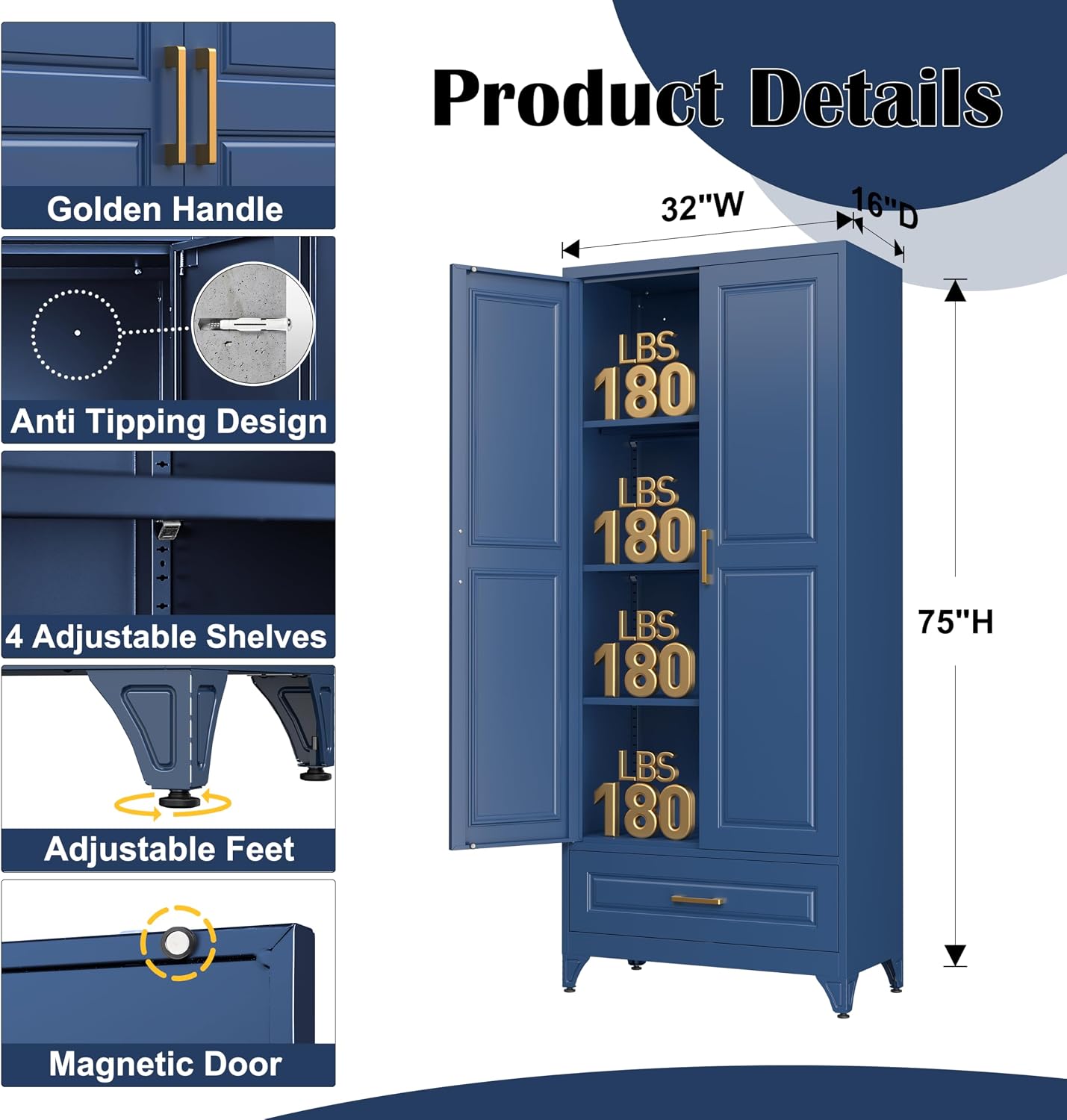SteeLoong 75' Kitchen Pantry Cabinet with Drawer, Metal Storage Cabinets with Doors and 4 Adjustable Shelves,Blue Kitchen Cabinet with 2 Gold Handles,Food Cupboard for Livingroom,Pantry, Bathroom
