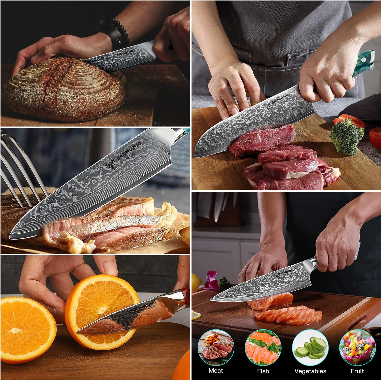 Chef Cooking Knives Set- Kitchen Knife Set of 5 Piece - Ultra-Sharp VG10 Damascus Steel & Resin Handle - Xuan Series (Jade Green)