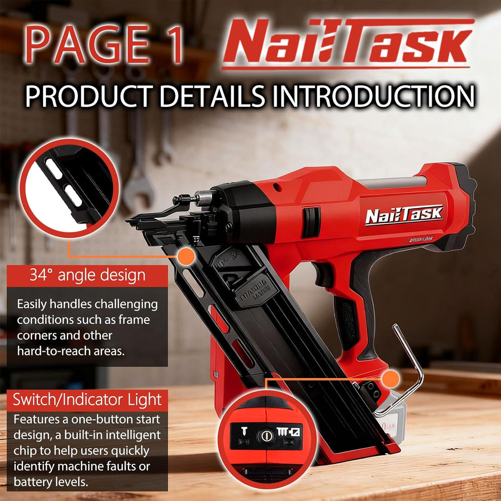 34° Electric Cordless Framing Nail Gun Dual Mode 3 1/2 Inch Pin Nailer Cordless Metal Roofing Set for Construction Furniture Wood Depth Adjust Brushless Motor Power Tools (Without Battery)