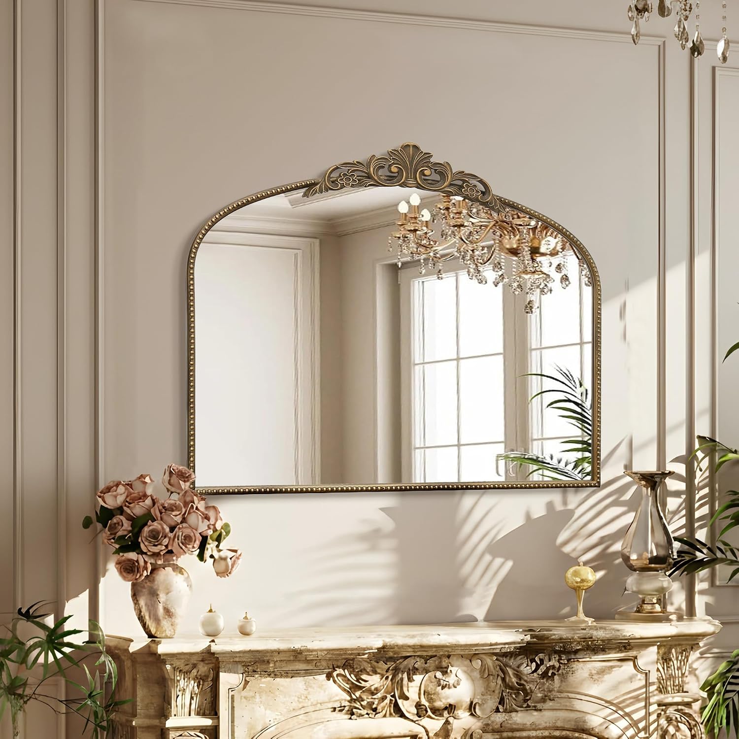 Micasso Large Vintage Gold Mirror: 40'x29' French Baroque Antique Arched Mirror - Traditional Ornate Decorative for Wall/Fireplace/Mantel/Entryway/Bathroom/Hallway - Home Decor for Living Room