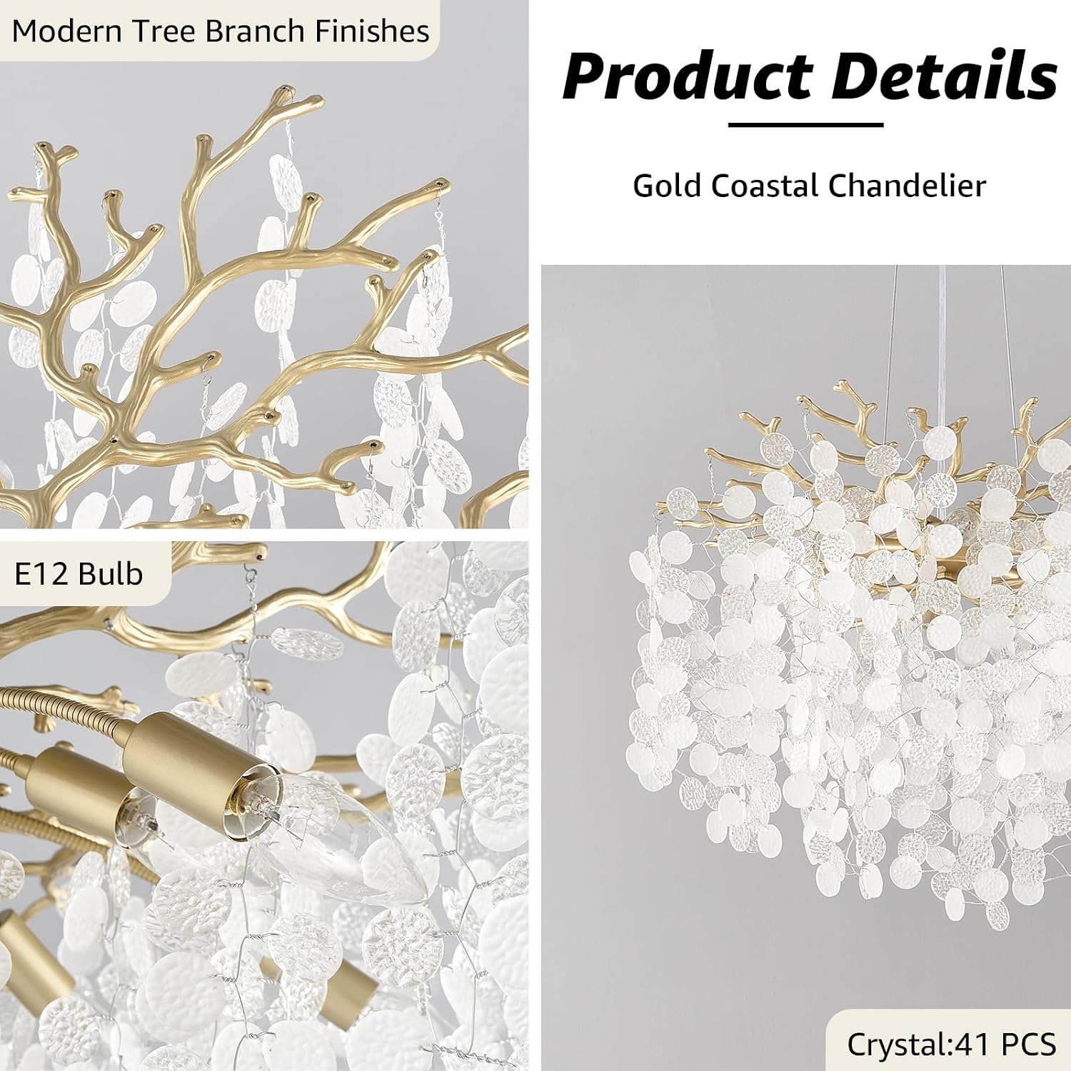 18-Inch Coastal Chandelier, 6-Light Gold Tree Branch Chandelier, Modern Foyer Bedroom Chandeliers with Adjustable Height, Round Crystal Pendant Light Fixtures for Entryway Dining Room, E12