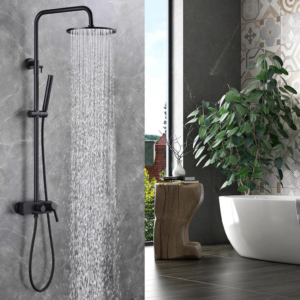 Matte Black Exposed Shower System with 2 Modes HandHeld,3 Functions Tub Shower Faucet Sets with Brass Valve, Shower Fixture with 10 Inches Rainfull Shower Head,Shower Height Adjustable