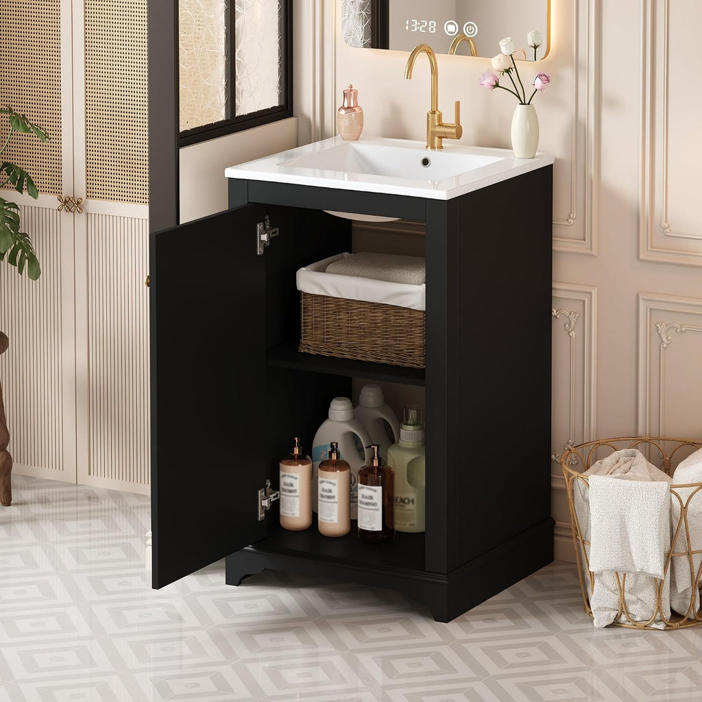 Merax 20' Narrow Bathroom Vanity with Ceramic Sink, Freetanding Modern Single Vanity Set with Soft Closing Door and Adjustable Shelf (Black)