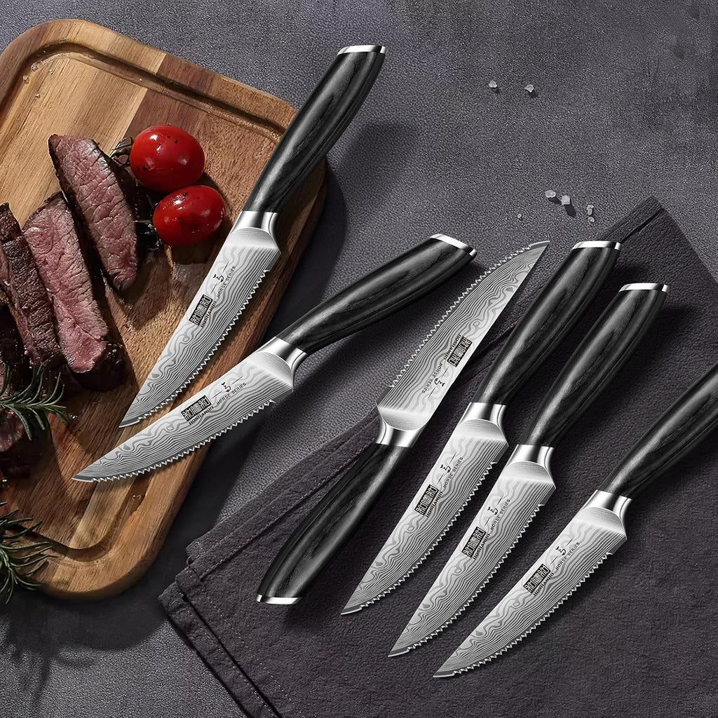HOSHANHO 7-Piece Serrated Steak Knife Set, 4.5 Inch Japanese High Carbon Steel Steak Knives Set with Block, Razor-Sharp Kitchen Dinner Knives with Ergonomic Pakkawood Handle
