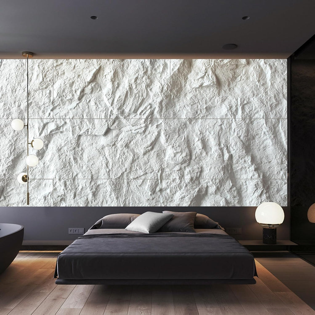 KASARO 3D Faux Stone Wall Panels, 4 PCS PU Wainscoting Panel - Cement Texture Thicker Design for Interior Wall Decor, Home & Office Accent Wall, Easy Install, 43.3' x 23.6' (White)