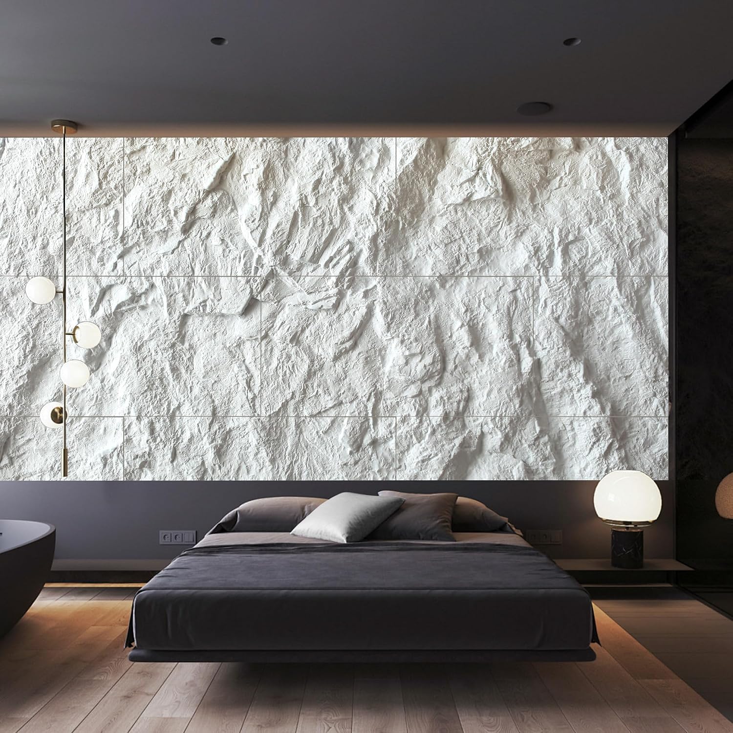 KASARO 3D Faux Stone Wall Panels, 4 PCS PU Wainscoting Panel - Cement Texture Thicker Design for Interior Wall Decor, Home & Office Accent Wall, Easy Install, 43.3' x 23.6' (White)