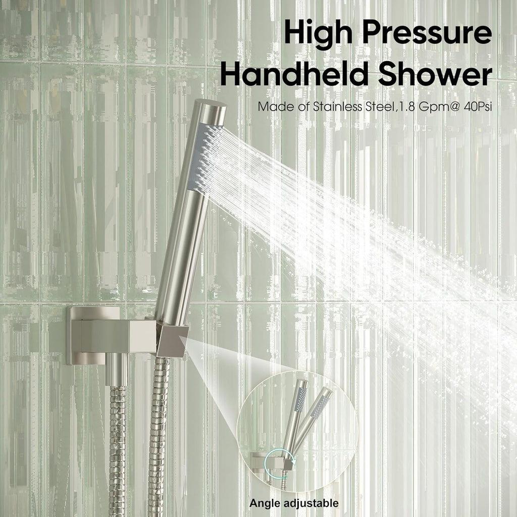 Esnbia Shower System with Tub Spout, Wall Mounted Bathtub Shower Faucet Set, 10 Inch Rain Shower Head and Handheld Shower Head Set, High Pressure Tub Shower Kit with Shower Valve, Brushed Nickel