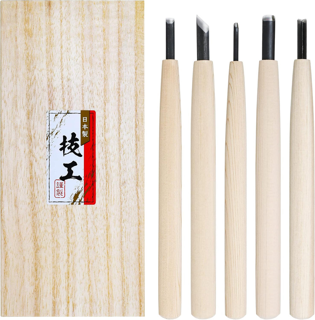 KAKURI Japanese Wood Carving Knife Set (5 Pcs) Made in Japan, Professional Wood Carving Tools for Linoleum Carving, Linocut, Printmaking, AOGAMI Blue Paper Steel #2 Blade