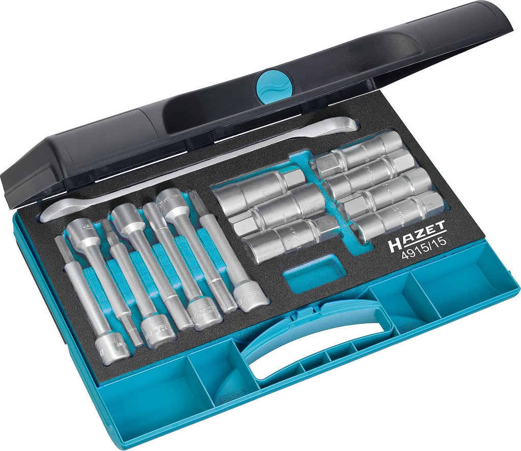 HAZET Shock Absorber Tool Set 4915/15 | 15-Piece Set, Square Drive, Hollow Pin Profile, Inner and Outer Hexagonal Output, for Working in the Suspension Strut Area of the Car, Made in Germany