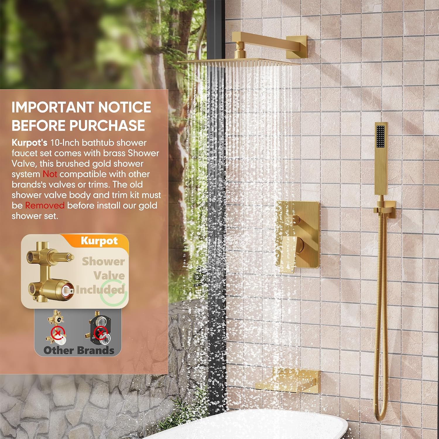 Kurpot Brushed Gold Shower System, All Metal Gold Shower Faucet Set with Tub Spout, 10'' Gold Shower Head with Handheld, 59'' Shower Hose, Shower Valve and Diverter, Wall Mounted Bath Tub Faucet Set
