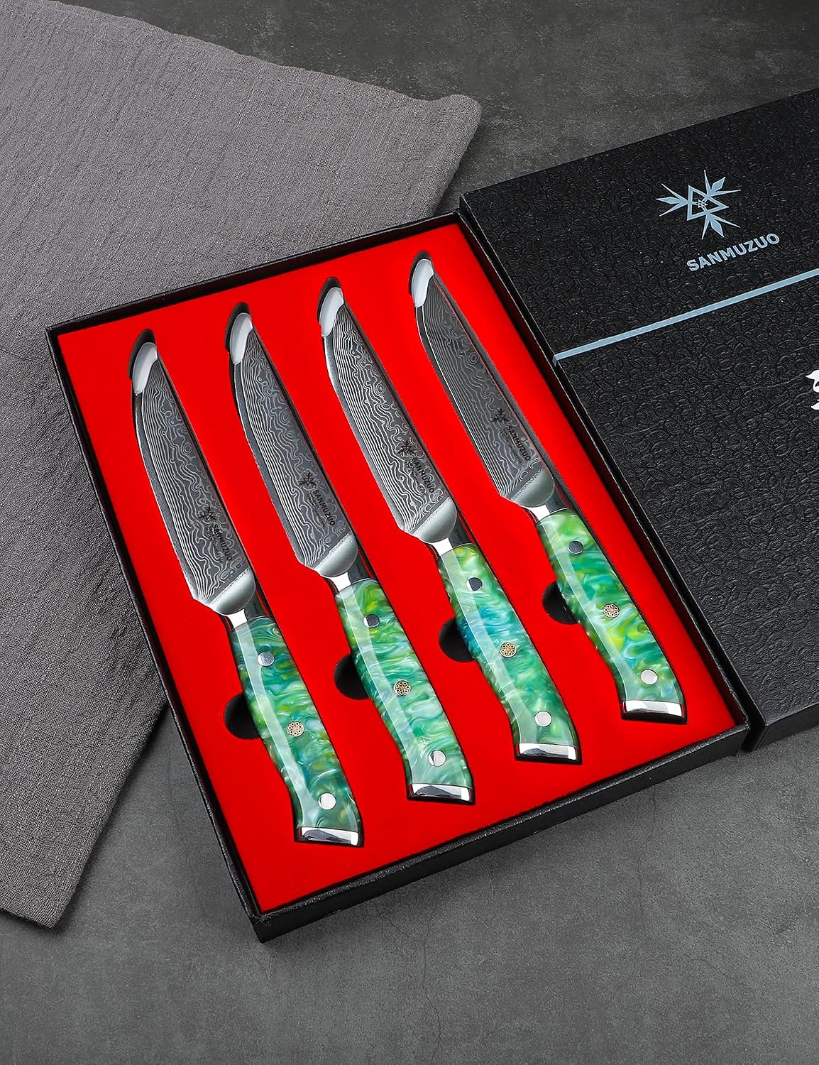 Steak Knives Set of 4, Ultra Sharp Non Serrated Kitchen Steak Knife 5 Inch - Damascus Steel & Resin Handle - Xuan Series(Jade Green)