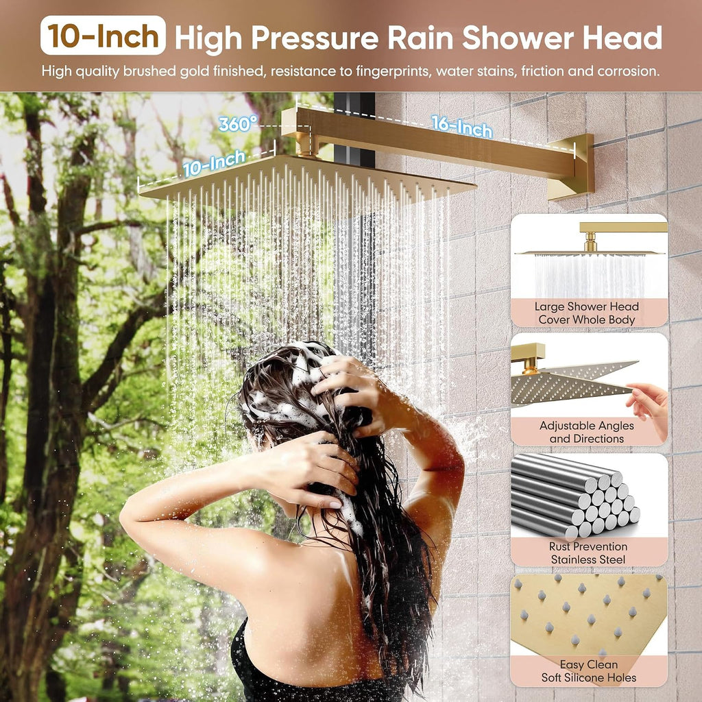 Kurpot Brushed Gold Shower System, All Metal Gold Shower Faucet Set with Tub Spout, 10'' Gold Shower Head with Handheld, 59'' Shower Hose, Shower Valve and Diverter, Wall Mounted Bath Tub Faucet Set