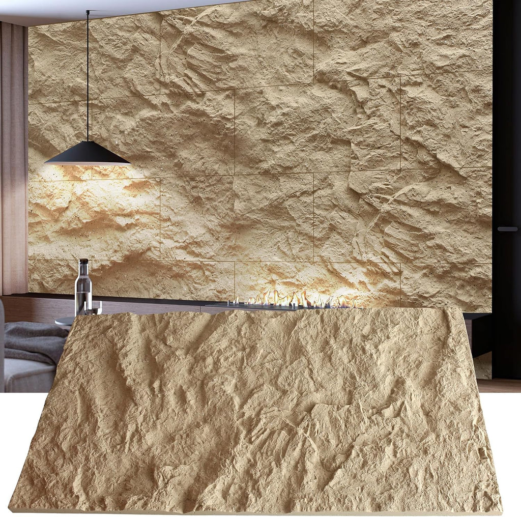 KASARO 3D Faux Stone Wall Panels, 4 PCS PU Wainscoting Panel for Interior Wall Decor, Cement Texture Thicker Accent for Home, Office, 43.3 × 23.6 inch, Golden Hemp