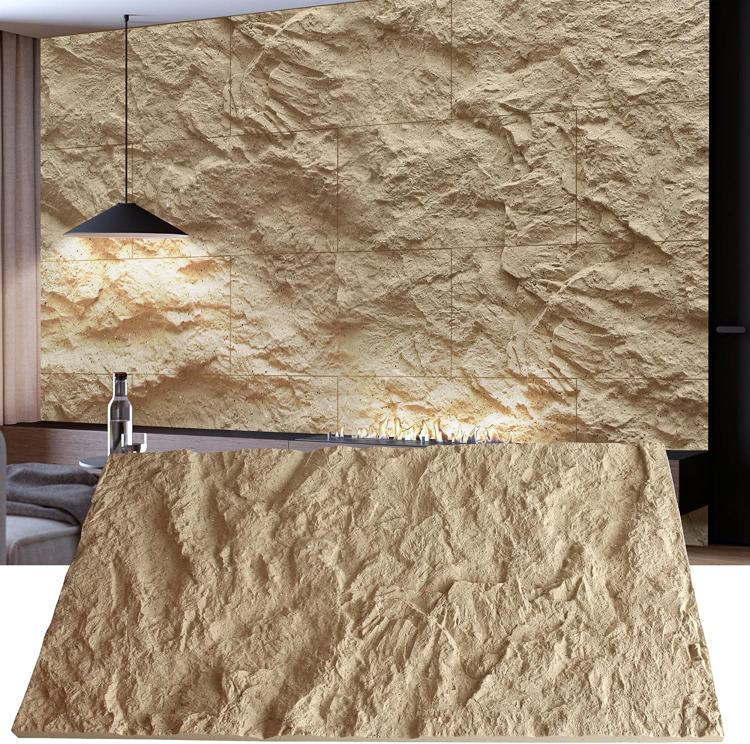 KASARO 3D Faux Stone Wall Panels, 4 PCS PU Wainscoting Panel for Interior Wall Decor, Cement Texture Thicker Accent for Home, Office, 43.3 × 23.6 inch, Golden Hemp