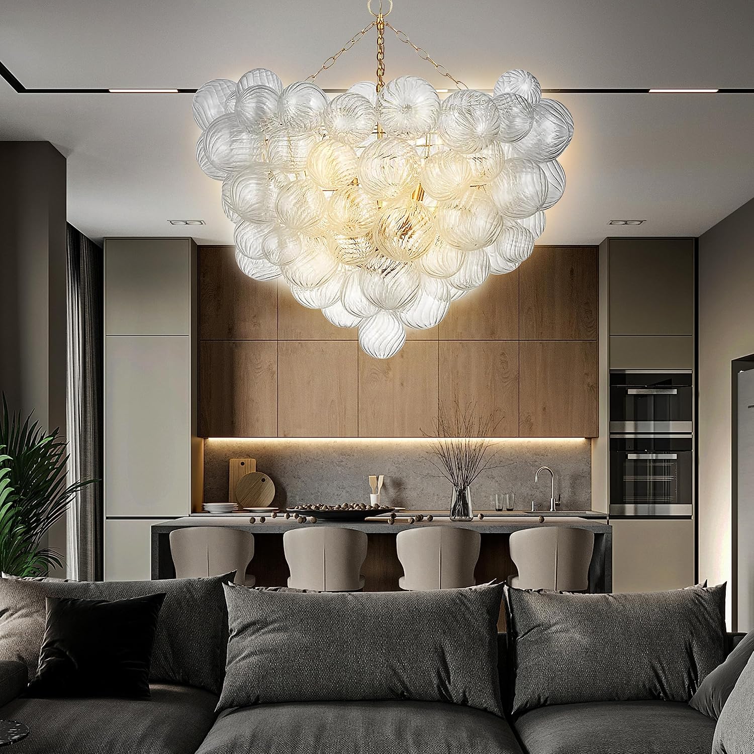 Mid Century Bubble Ball Chandeliers Dia 36 Inch Decorative Lights Swirled Ribbed Glass Clear Blown Glass Globe Chandelier Large Pendant Light Fixture for Bedroom Dining Room Over Table