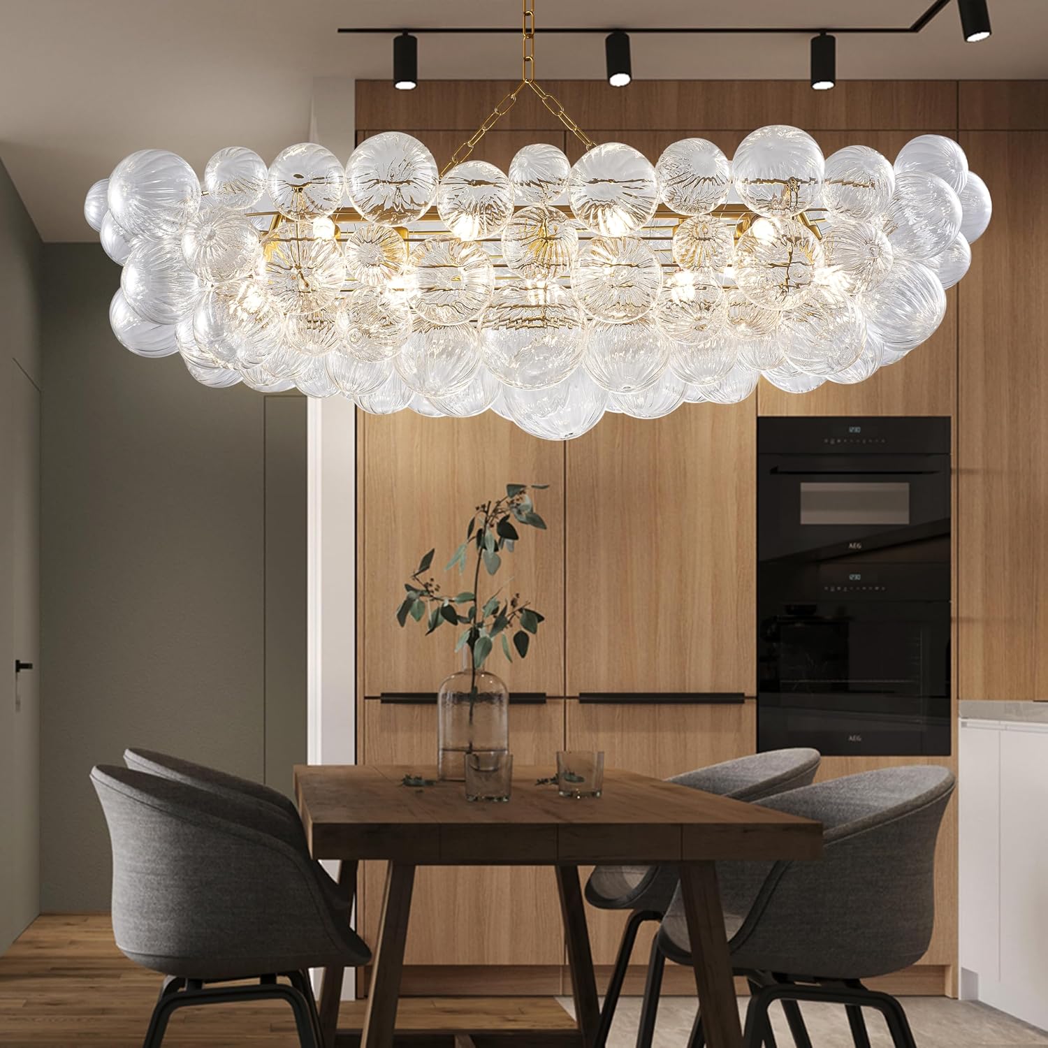 Luxury Bubble Glass Chandeliers Clear Ribbed Swirled Blown Glass Ball 50' L Rectangular Island Light Fixture Hanging Pendant Light Fixtures for Living Room Restaurant Dining Table