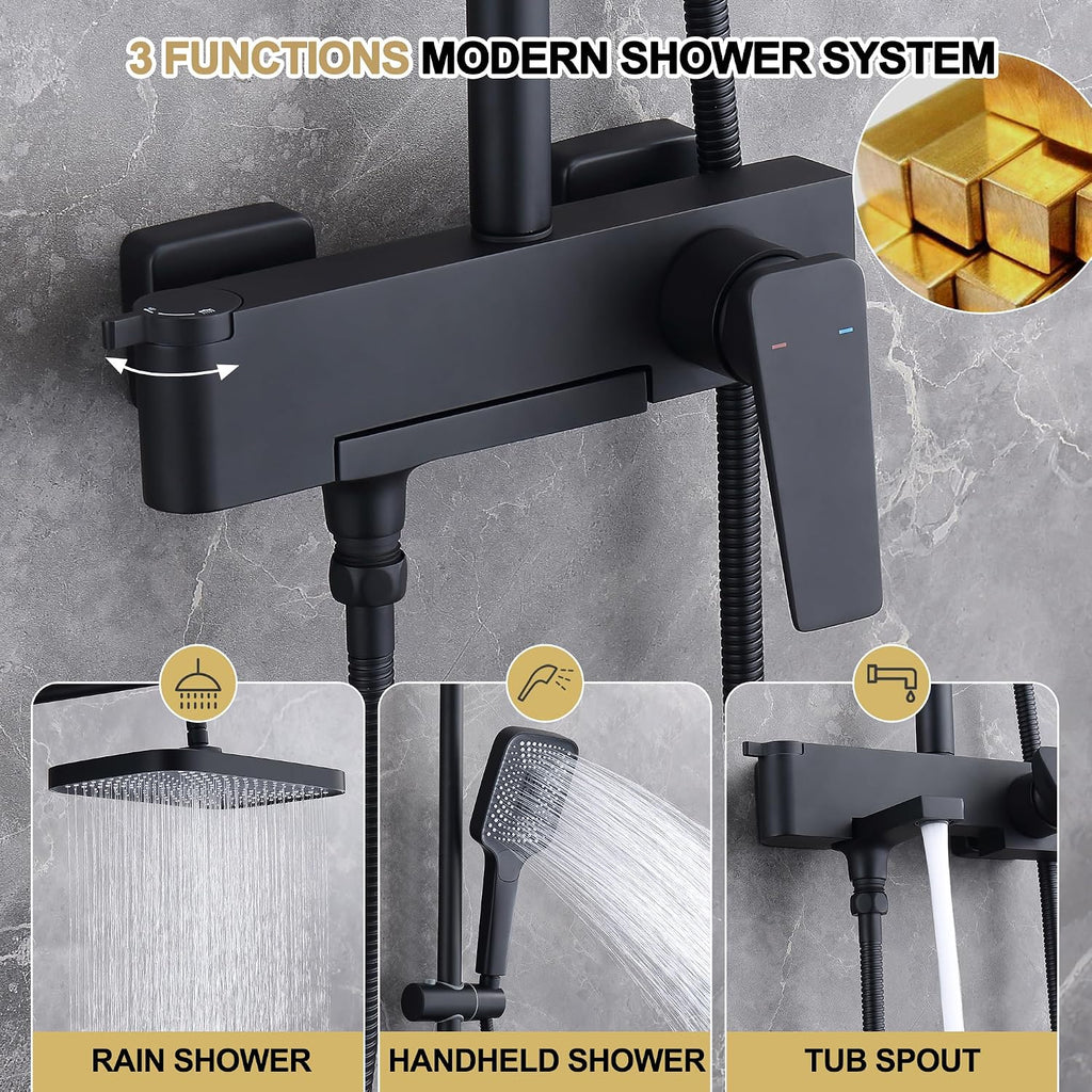 Shower Systems with 12 x8 Inches Rain Shower Head, Matte Black Exposed Pipe Shower System,3 Functions Tub Shower Faucet Sets,Overhead Shower System with Handheld