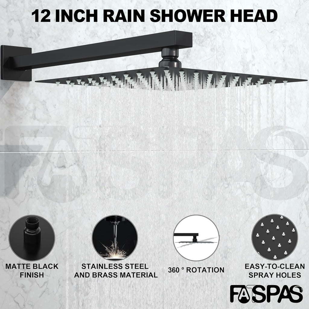 Matte Black Shower System with 12-Inch Rain Showerhead and Tub Spout | cUPC-certified pressure balance brass valve to prevent scalding, CEC-certified air injection technology for low pressure