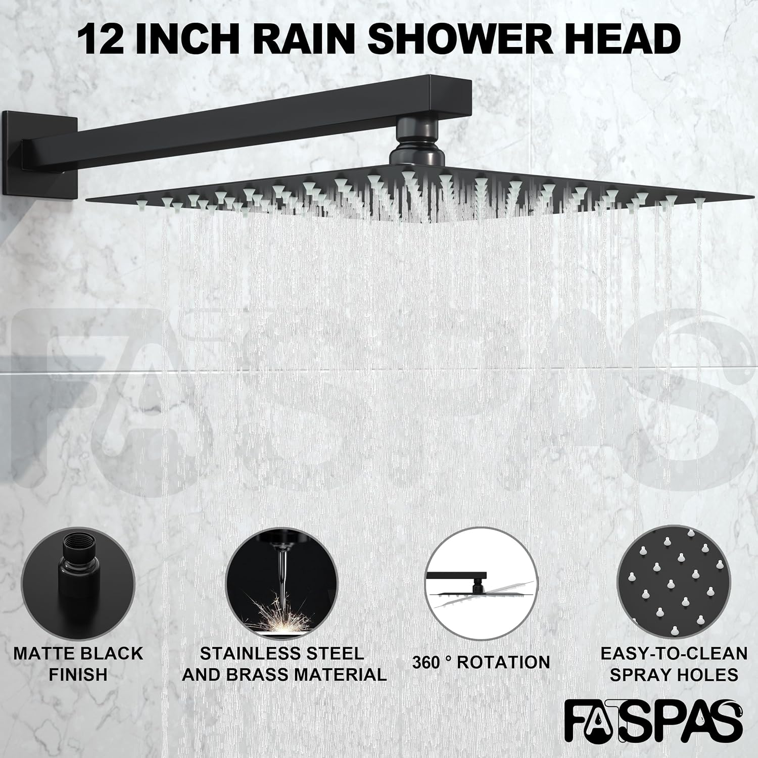 Matte Black Shower System with 12-Inch Rain Showerhead and Tub Spout | cUPC-certified pressure balance brass valve to prevent scalding, CEC-certified air injection technology for low pressure