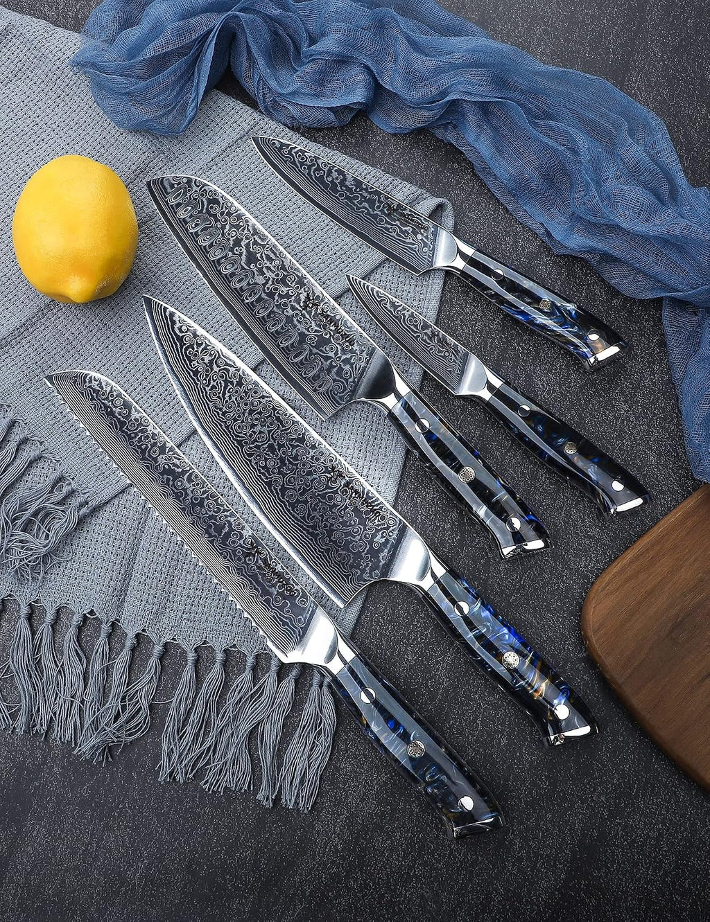 Chef Cooking Knives Set- Kitchen Knife Set of 5 Piece - Ultra-Sharp VG10 Damascus Steel & Resin Handle - Xuan Series (Starry Black)