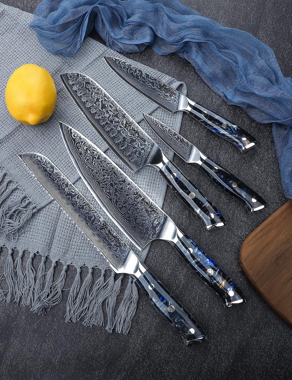 Chef Cooking Knives Set- Kitchen Knife Set of 5 Piece - Ultra-Sharp VG10 Damascus Steel & Resin Handle - Xuan Series (Starry Black)