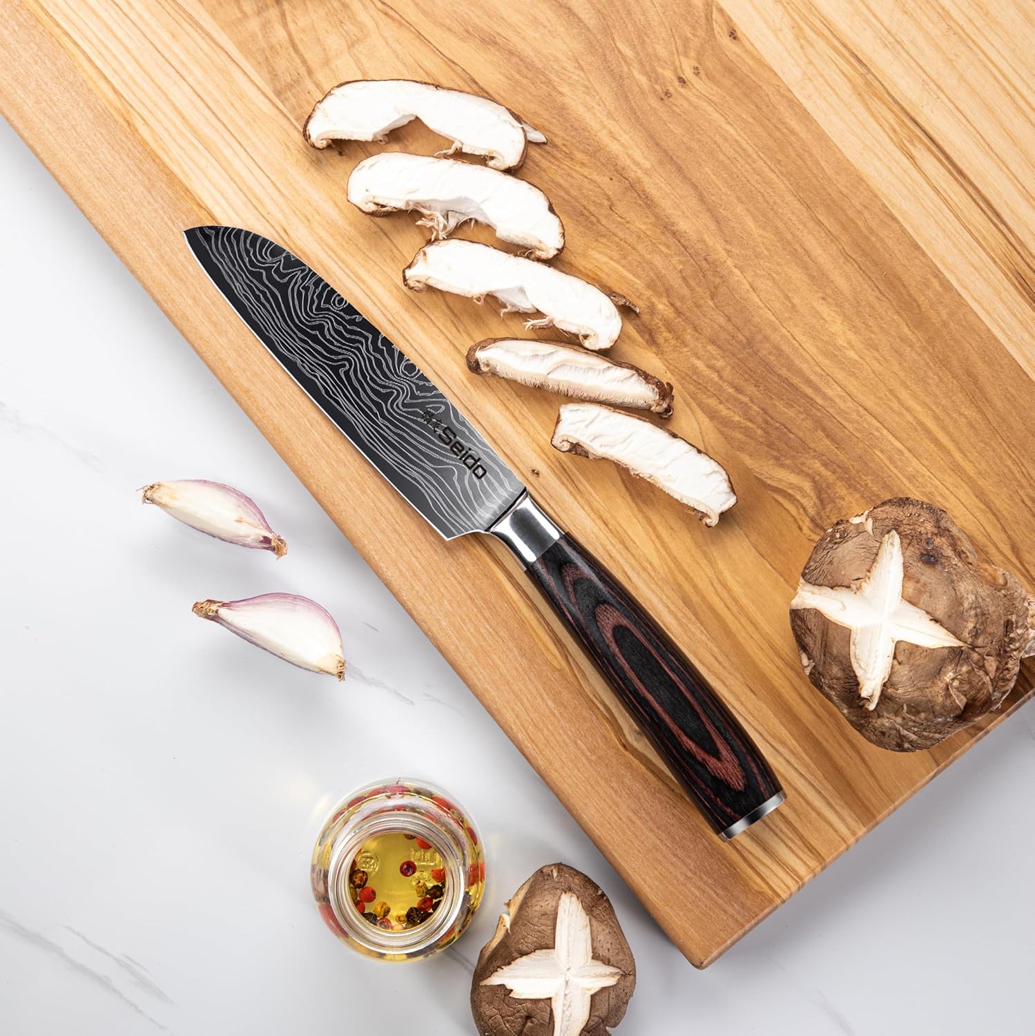 Seido Knives 5-Piece Damascus Master Chef Knife Set - Includes Gyuto, Santoku, Nakiri, Paring Knives - High-Carbon Stainless Steel Kitchen Knives