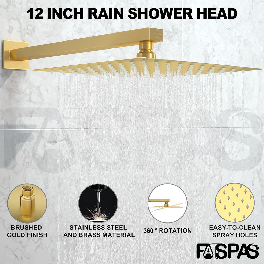 Brushed Gold Shower System with 12-Inch Rain Showerhead and Tub Spout | cUPC-certified pressure balance brass valve to prevent scalding, CEC-certified air injection technology for low pressure