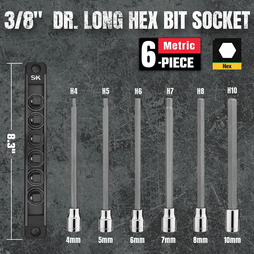 SK Tools USA 3/8' Drive, 6 Piece, Long, Metric, Chrome Hex Bit Socket Set: 4MM - 10MM | 19726
