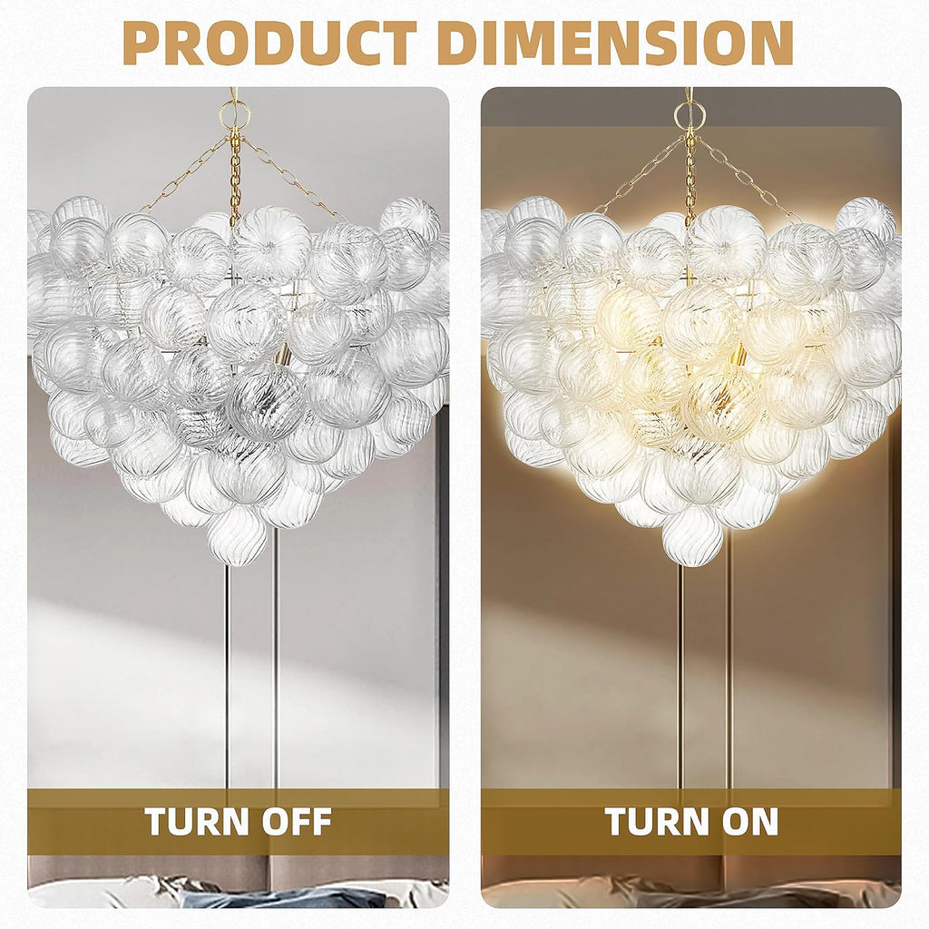 Mid Century Bubble Ball Chandeliers Dia 36 Inch Decorative Lights Swirled Ribbed Glass Clear Blown Glass Globe Chandelier Large Pendant Light Fixture for Bedroom Dining Room Over Table