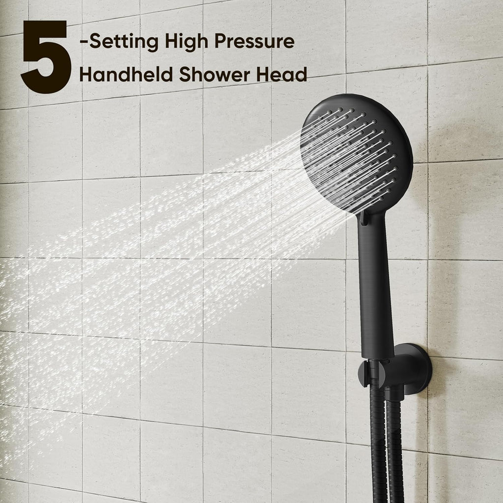 Gabrylly Black Bathtub Shower Faucet Set - 12' Rain Showerhead & Handheld Spray, High Pressure Shower Head with Pressure Balance Valve, Matte Black