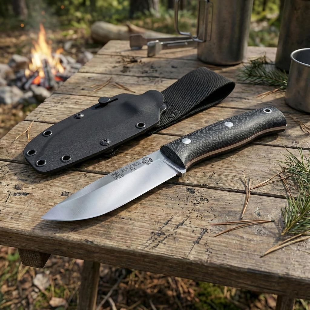 Joker Lynx CM111-K Bushcraft Knife, 4.13 in Bohler N695 Fixed Blade, Canvas Micarta Handle with Red Spacer, Kydex Sheath, Camp Craft Knife for Camping, Hiking, Hunting and Survival
