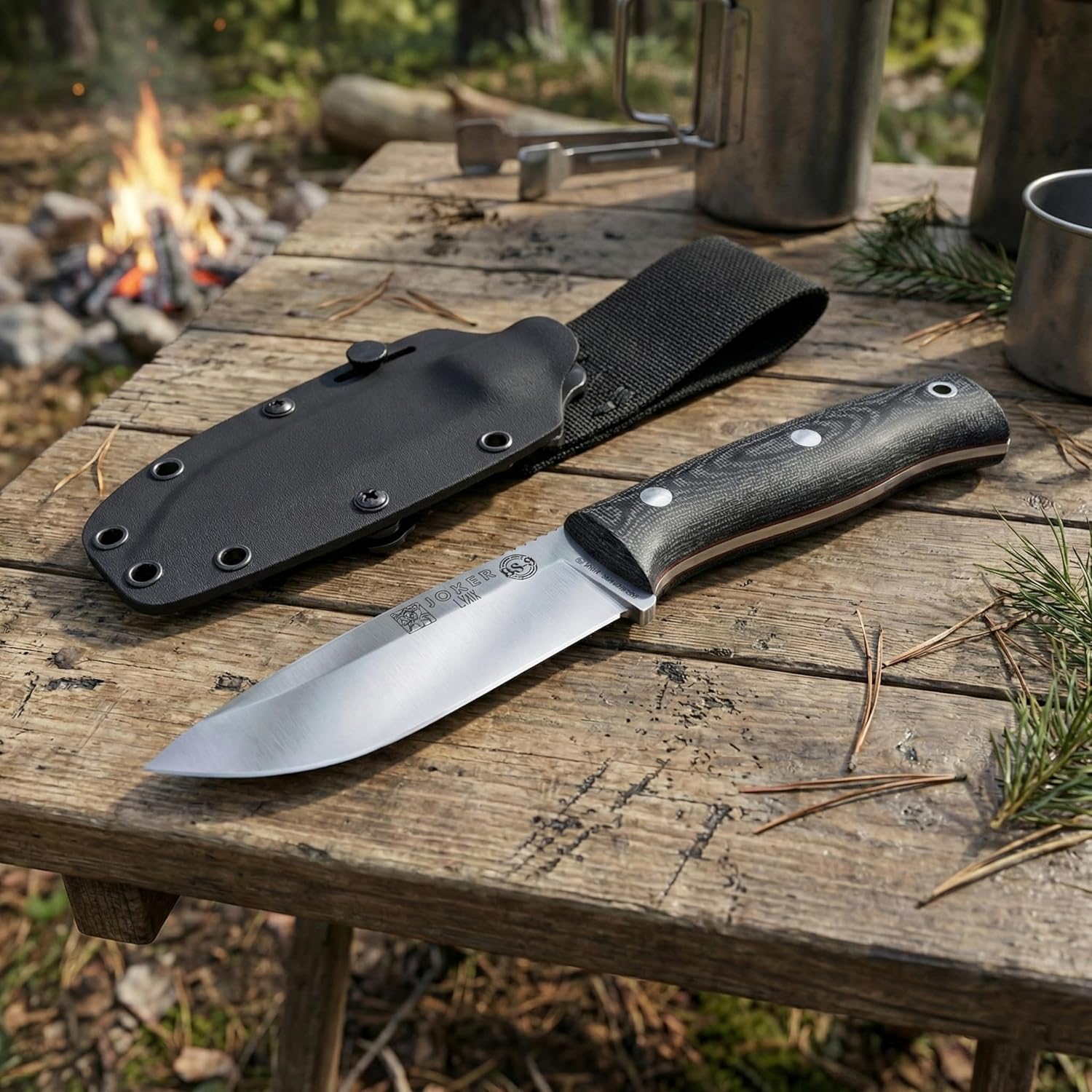 Joker Lynx CM111-K Bushcraft Knife, 4.13 in Bohler N695 Fixed Blade, Canvas Micarta Handle with Red Spacer, Kydex Sheath, Camp Craft Knife for Camping, Hiking, Hunting and Survival
