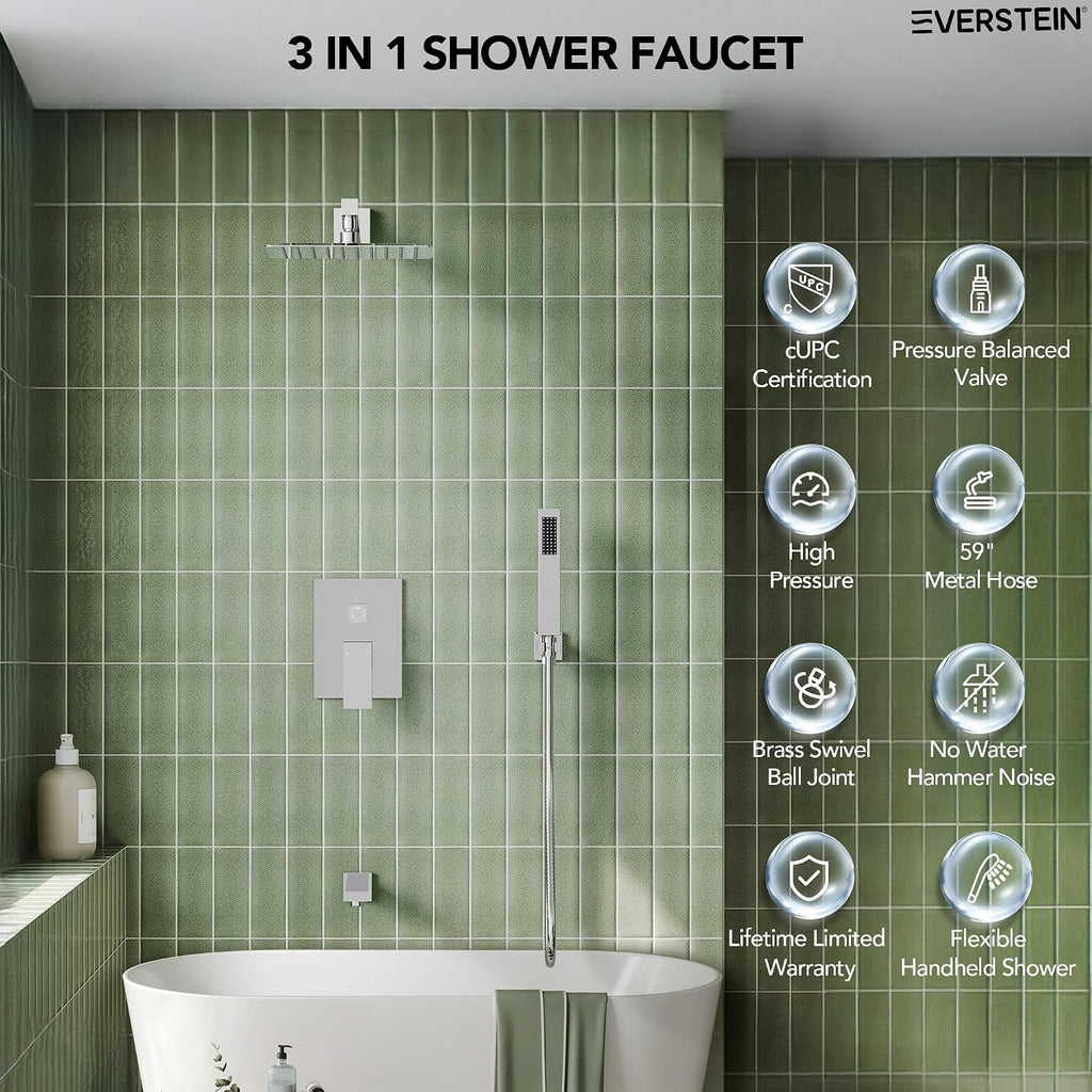 Shower Tub Faucet Set, 10' Bathroom Rainfall Shower Head Fixtures Combo with Handheld Spray and Tub Spout, Chrome (Valve Included)