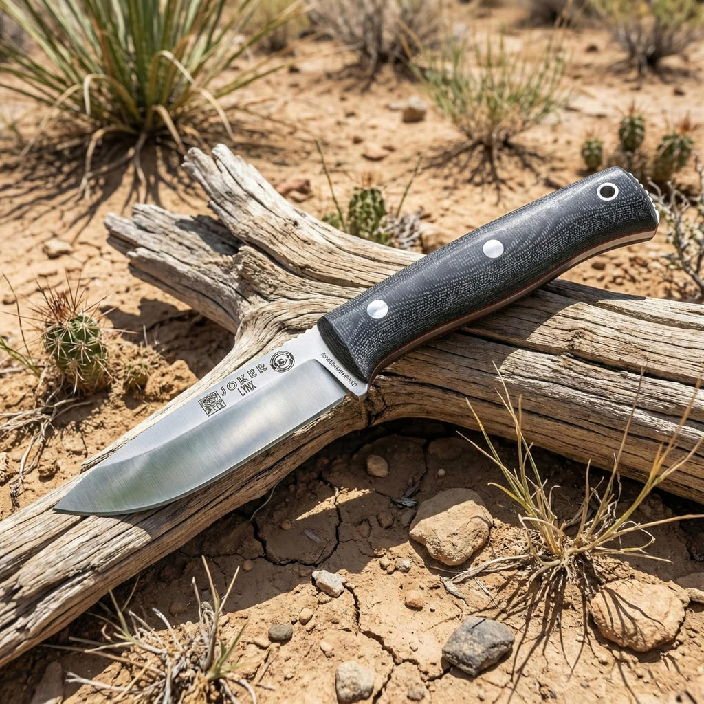 Joker Lynx CM111-K Bushcraft Knife, 4.13 in Bohler N695 Fixed Blade, Canvas Micarta Handle with Red Spacer, Kydex Sheath, Camp Craft Knife for Camping, Hiking, Hunting and Survival