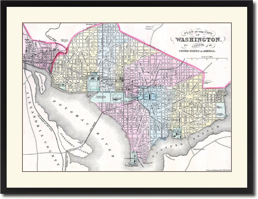 Washington DC Vintage Antique Map 36005 Canvas Print Picture Frame Home Decor Wall Art Livingroom Housewarming Gift Ideas 28'x37'
