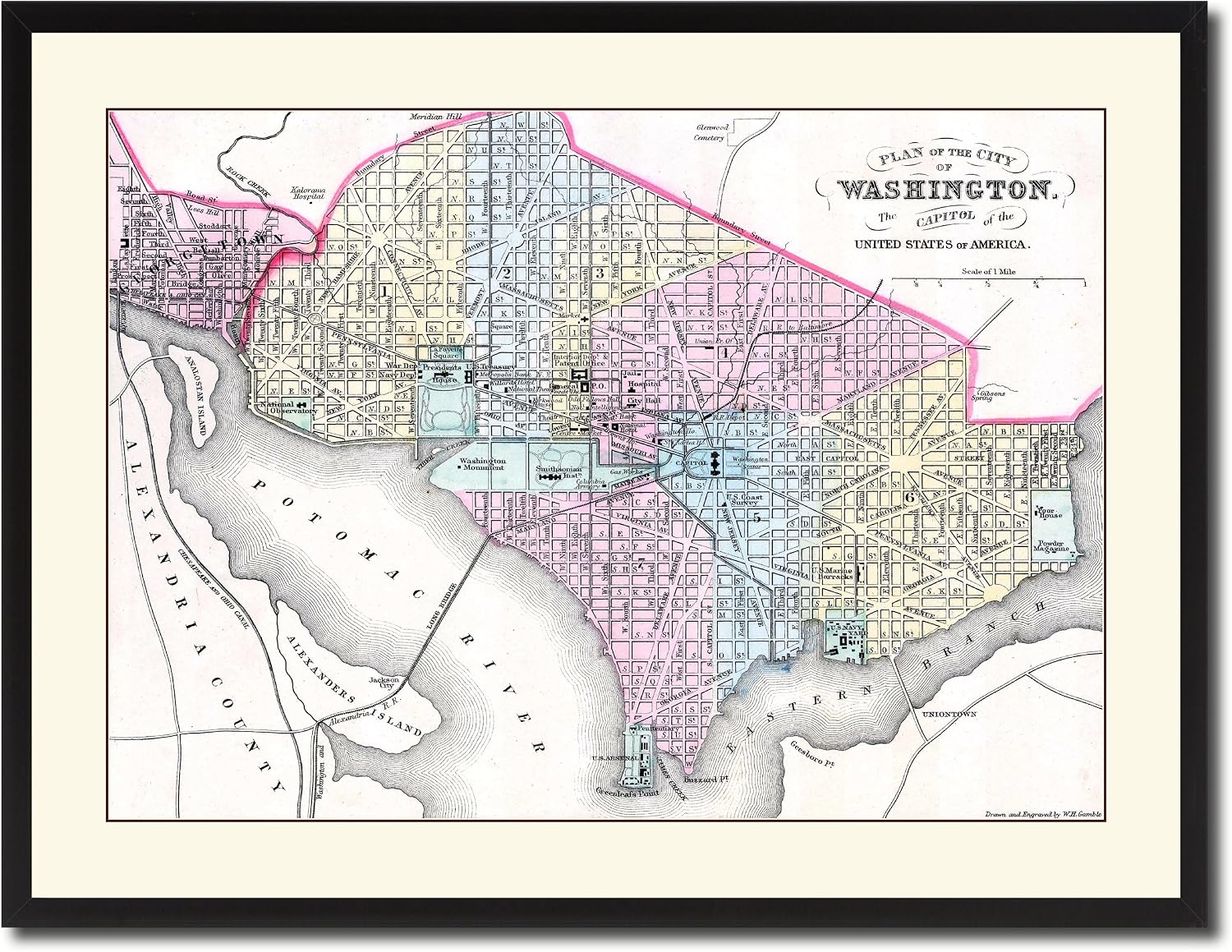 Washington DC Vintage Antique Map 36005 Canvas Print Picture Frame Home Decor Wall Art Livingroom Housewarming Gift Ideas 28'x37'