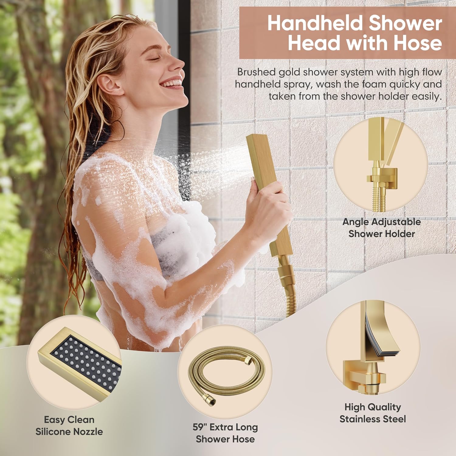 Kurpot Brushed Gold Shower System, All Metal Gold Shower Faucet Set with Tub Spout, 10'' Gold Shower Head with Handheld, 59'' Shower Hose, Shower Valve and Diverter, Wall Mounted Bath Tub Faucet Set