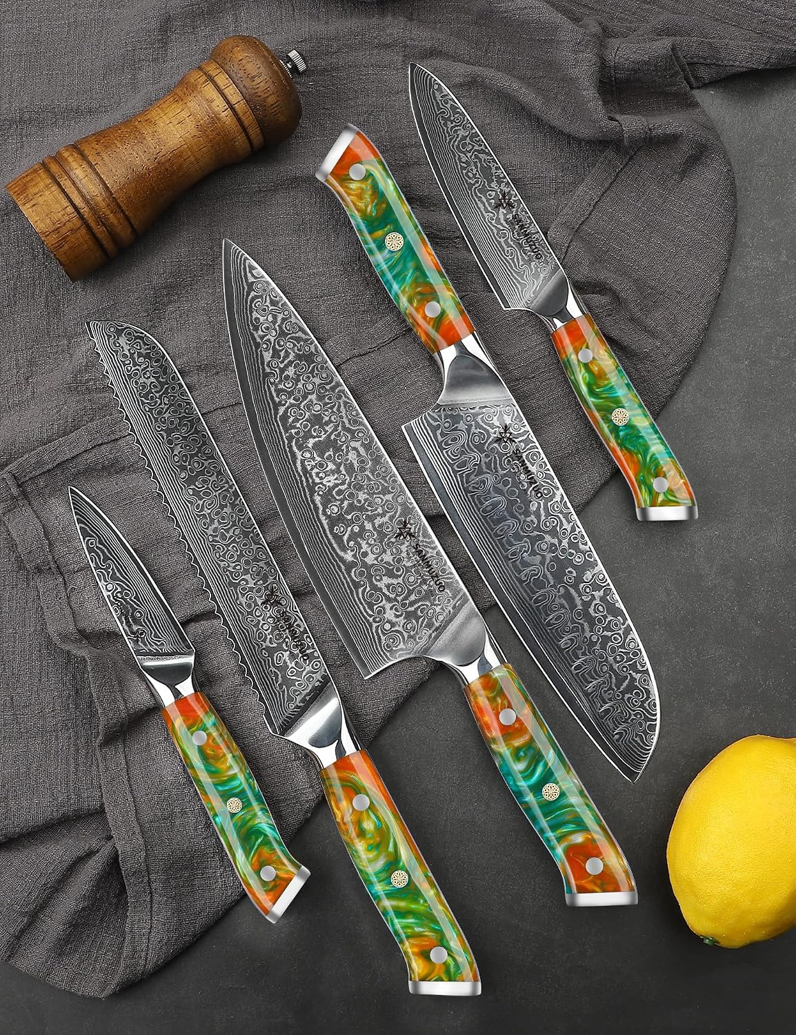 Chef Cooking Knives Set- Kitchen Knife Set of 5 Piece - Ultra-Sharp VG10 Damascus Steel & Resin Handle - Xuan Series (Fantasy Orange)