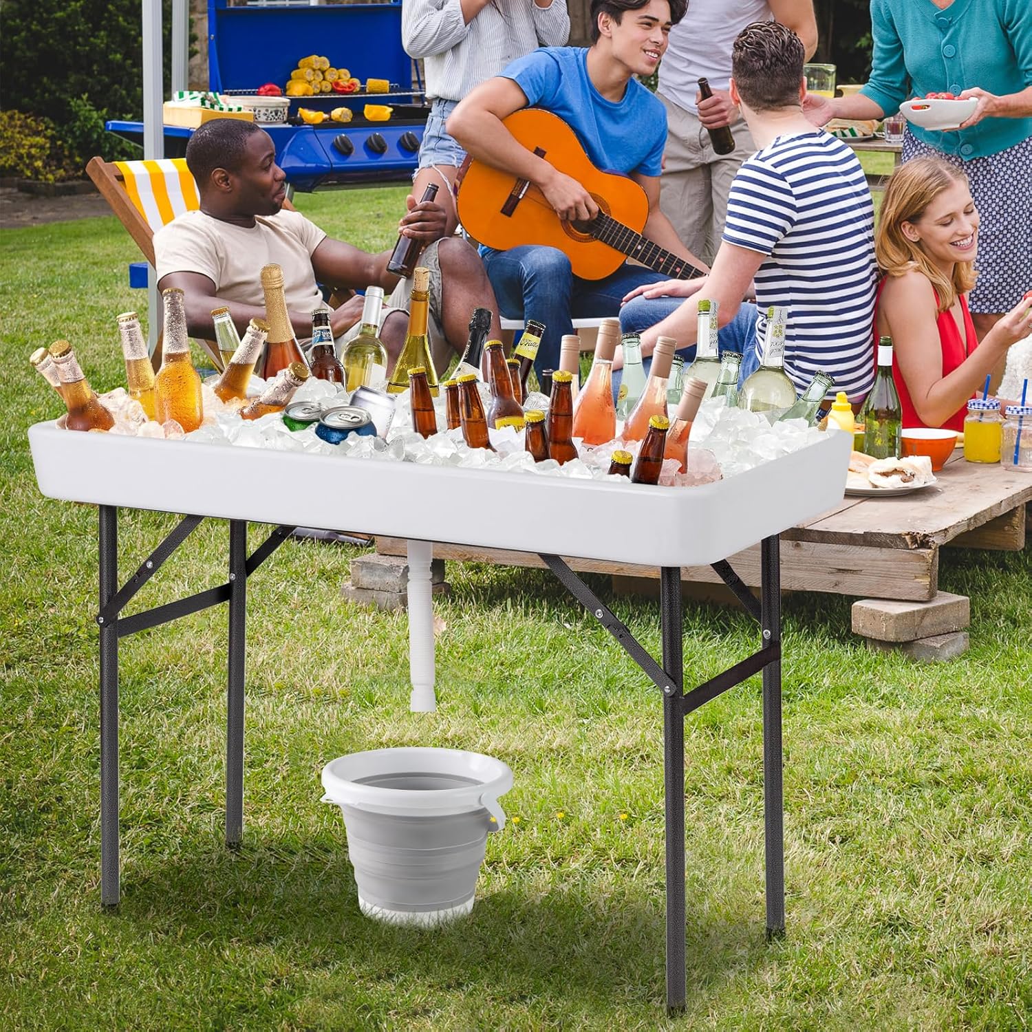Giantex 4 FT Folding Ice Cooler Table with Drain & Bucket, Removable Skirt, No Assembly, Portable Fill and Chill Table for Food Drink Beverage, Foldable Party Ice Bin for Camping BBQ, White