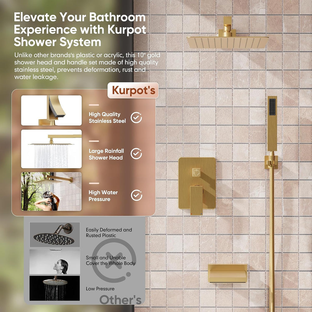 Kurpot Brushed Gold Shower System, All Metal Gold Shower Faucet Set with Tub Spout, 10'' Gold Shower Head with Handheld, 59'' Shower Hose, Shower Valve and Diverter, Wall Mounted Bath Tub Faucet Set